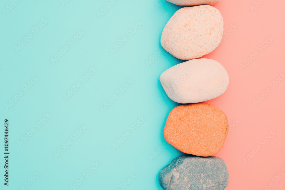 Emotional Balance. A line of colorful stones on a split pastel background of blue and pink, showcasing natural textures and soothing colors. Emotional Balance. A line of colorful stones on a split pastel background of blue and pink, showcasing natural textures and soothing colors.