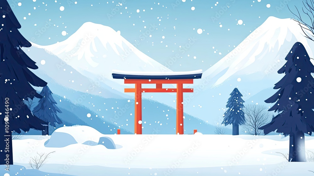 A Red Torii Gate in a Snowy Mountain Landscape A Red Torii Gate in a Snowy Mountain Landscape
