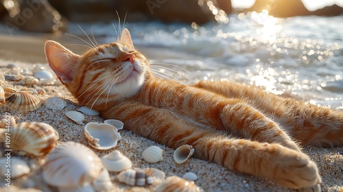 A relaxed orange tabby cat lies on sandy beach, basking in the sun near seashells, with gentle waves lapping at the shore.