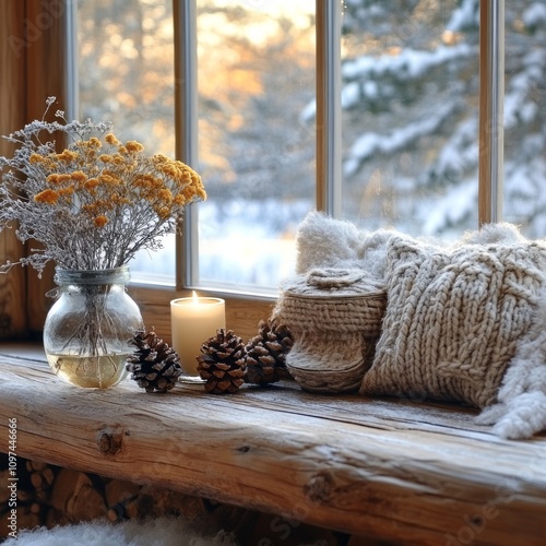 Winter Windowsill Scene Wit...