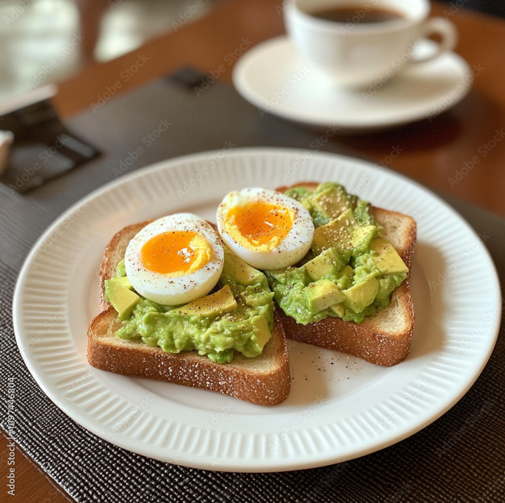 photo of a served plate on the table, featuring a breakfast of rustic bread toast with avocado and soft-boiled egg photo of a served plate on the table, featuring a breakfast of rustic bread toast with avocado and soft-boiled egg