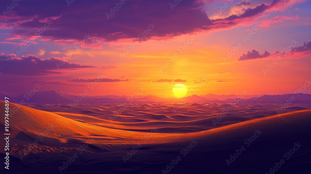 Vibrant Sunset over Rolling Sand Dunes Dramatic Desert Landscape at Golden Hour