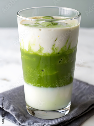 Wallpaper Mural refreshing glass of vibrant green matcha layered with creamy milk, creating visually appealing drink. Perfect for healthy boost or delightful treat Torontodigital.ca