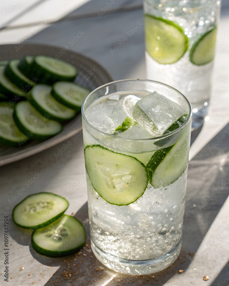 Refreshing cucumber infused water served in glass with ice cubes, garnished with fresh cucumber slices. Perfect for hydration on sunny day Refreshing cucumber infused water served in glass with ice cubes, garnished with fresh cucumber slices. Perfect for hydration on sunny day