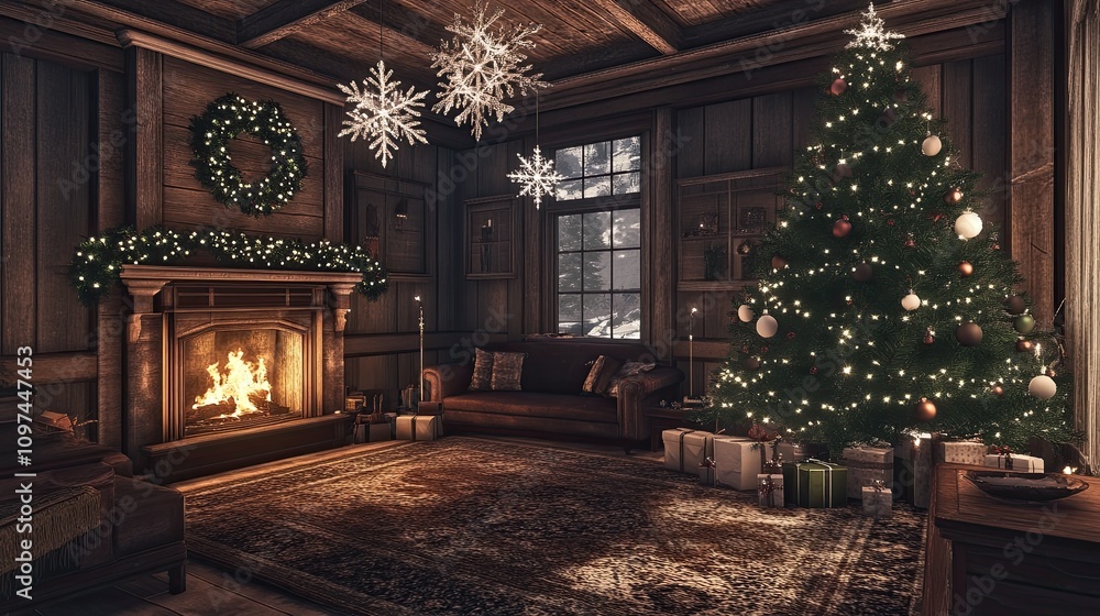 Cozy Christmas Cabin Interior Fireplace Tree Decorated Cozy Christmas Cabin Interior Fireplace Tree Decorated