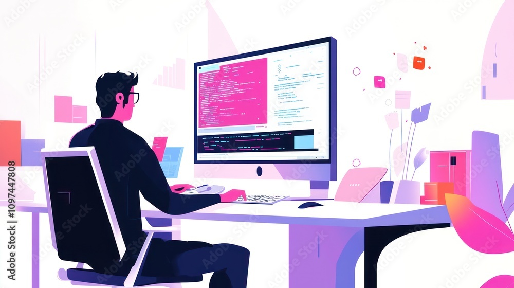 Programmer Coding at Desk, Modern Workplace, Digital Design, Software Development, Creative Illustration Programmer Coding at Desk, Modern Workplace, Digital Design, Software Development, Creative Illustration