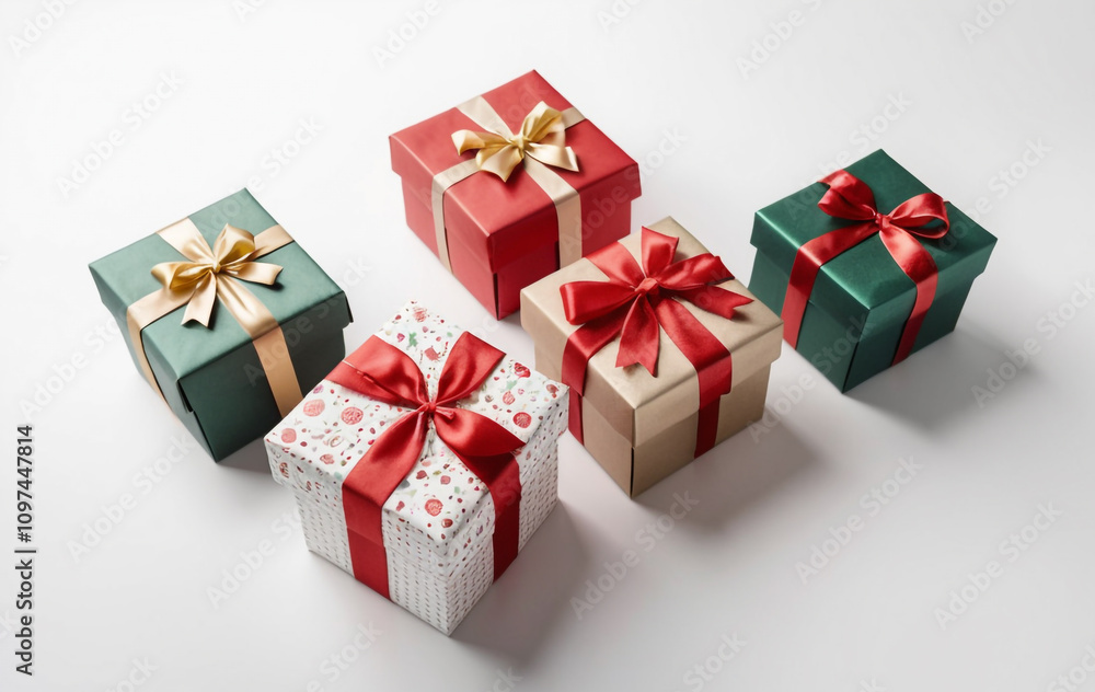 Fototapeta premium Christmas Gift Boxes Wrapped in Colorful Wrapping Papers on White Background, Christmas Holiday Festive concept.