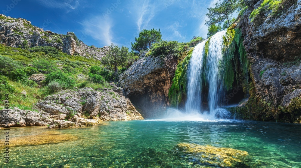 Fototapeta premium Stunning Waterfall Cascading into Crystal-Clear Pool in Serene Mountain Landscape - Idyllic Nature Scene