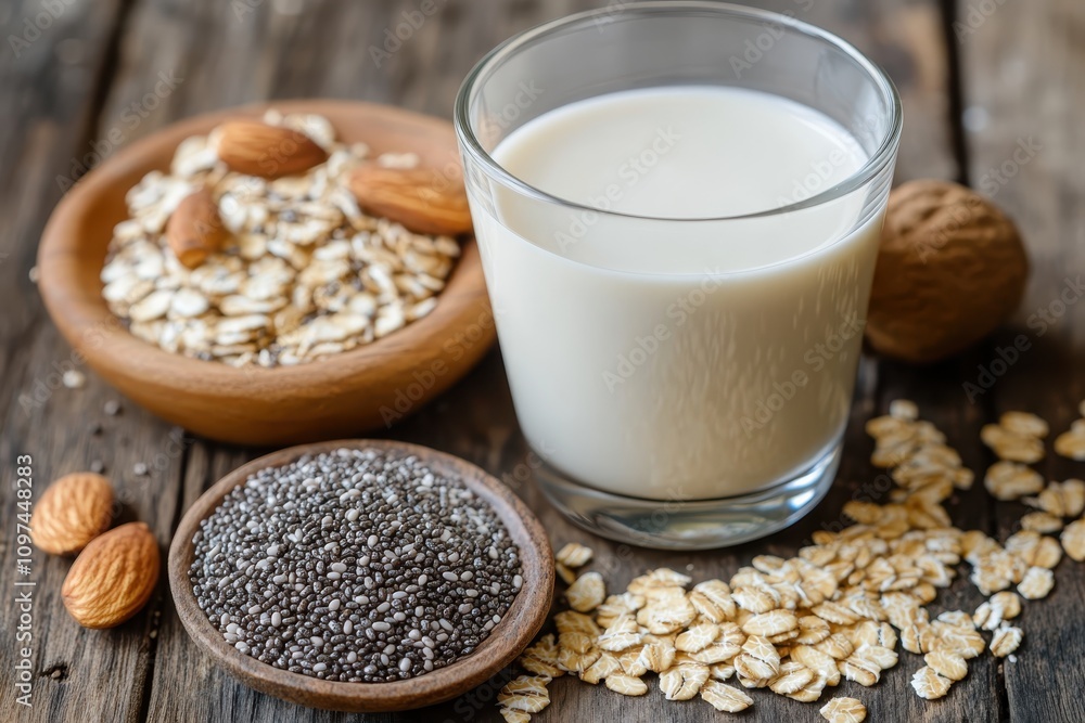 Glass of creamy plant milk. Perfect for healthy food blogs, showcasing vegan or dairy-free options. Glass of creamy plant milk. Perfect for healthy food blogs, showcasing vegan or dairy-free options.