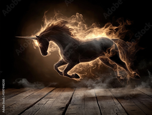 Flaming Unicorn Galloping Through Mystical Smoke on Wooden Planks photo