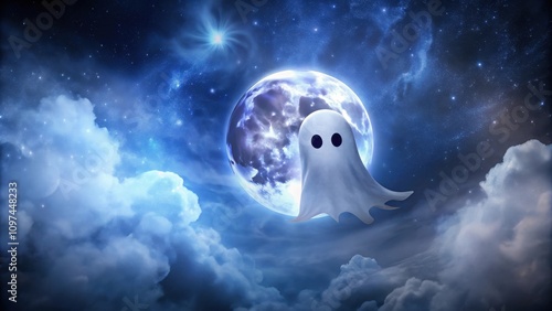 A Friendly Ghost Soaring Through a Night Sky Adorned with Stars and a Full Moon