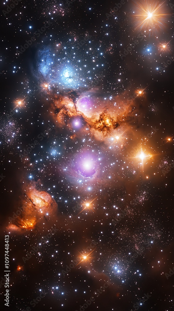 Naklejka premium A stunning cosmic scene showcasing vibrant nebulae and countless stars in the universe.