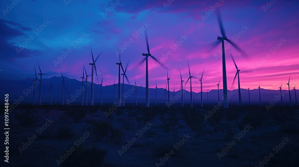 Obraz premium Majestic Wind Turbines Silhouetted Against a Vibrant Purple and Blue Sunset Landscape - Renewable Energy Power Generation