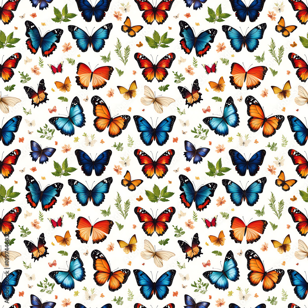 Obraz premium Vibrant Butterfly Seamless Pattern with Floral and Leaf Accents – Ideal for Textiles and Wallpapers