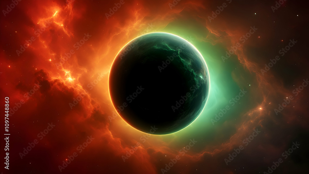 Fototapeta premium Ethereal Alien Planet Surrounded by Cosmic Fire. A solitary, dark planet with a vibrant green aura, floating amidst a fiery, red nebula. The planet's surface is obscured, 