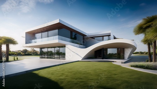 Ultra modern residential architecture with futuristic accents; futuristic home design with large windows and linear lines and shapes; home architecture and design; home photography; future and modern