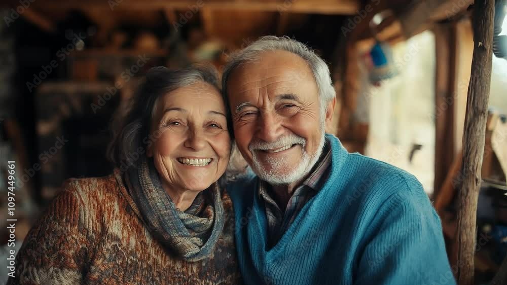 Elderly Couple Smiling Together in Cozy Rustic Cabin Elderly Couple Smiling Together in Cozy Rustic Cabin