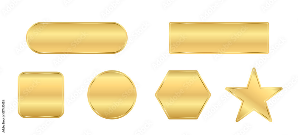 Gold buttons badges different shapes set. Golden blank banners, icons, emblems design vector illustration. Glossy square, triangle, rectangle, star, polygon ,circle signs with frames on white