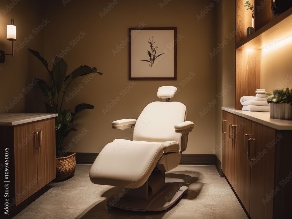 custom made wallpaper toronto digitalSerene Spa Interior Modern Medical Treatment Chair in Luxurious Room with Wooden Cabinetry and Soft Lighting