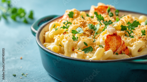 A delectable lobster mac and cheese with creamy sauce and crumbly topping, garnished with fresh parsley, served in a stylish blue ceramic dish.