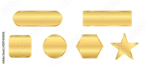 Gold buttons badges different shapes set. Golden blank banners, icons, emblems design vector illustration. Glossy square, triangle, rectangle, star, polygon ,circle signs with frames on white