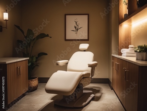 Serene Spa Interior Modern Medical Treatment Chair in Luxurious Room with Wooden Cabinetry and Soft Lighting