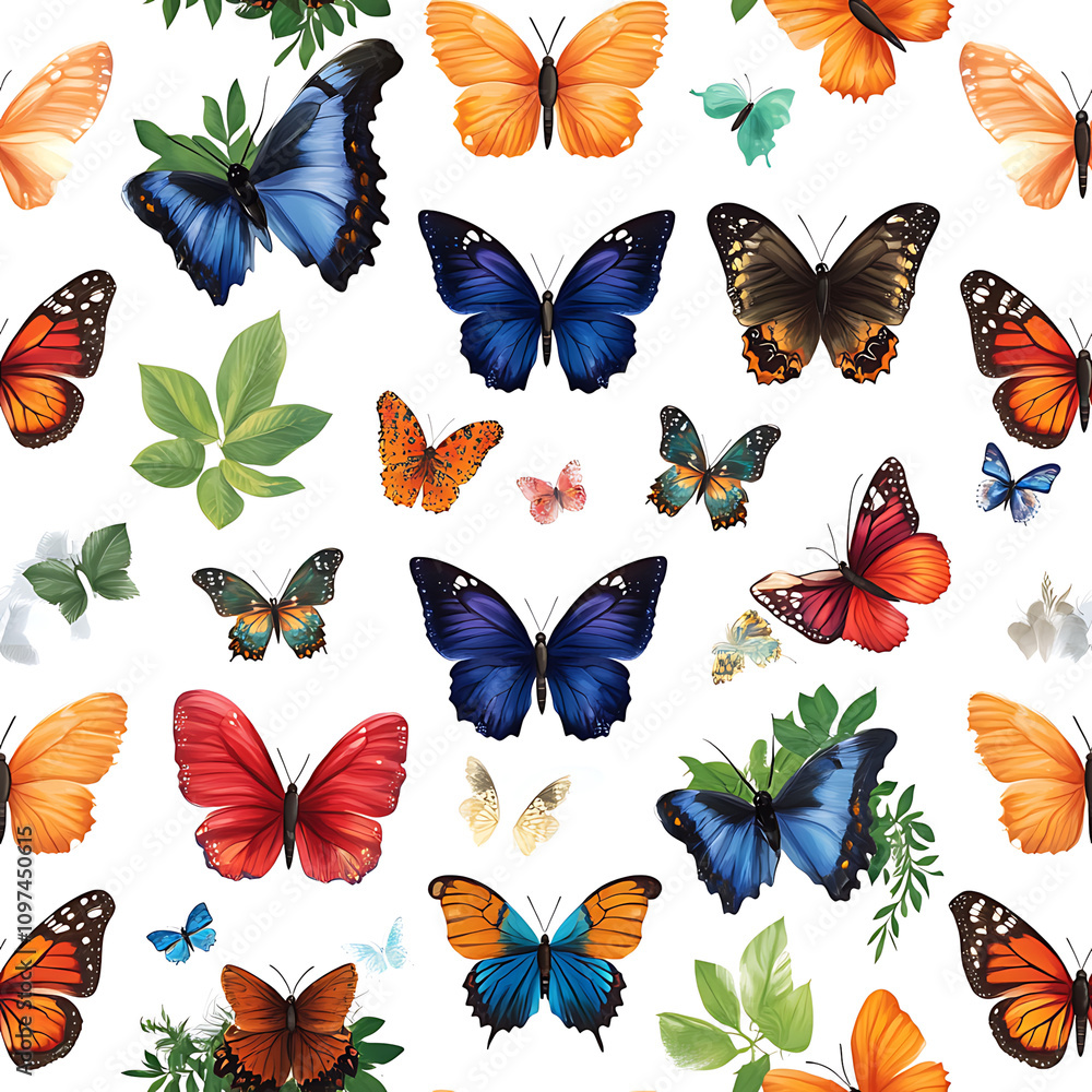 Vibrant Butterfly Seamless Pattern with Floral and Leaf Accents – Ideal for Textiles and Wallpapers Vibrant Butterfly Seamless Pattern with Floral and Leaf Accents – Ideal for Textiles and Wallpapers