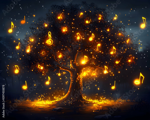 Magical tree glowing with musical notes in the night. photo