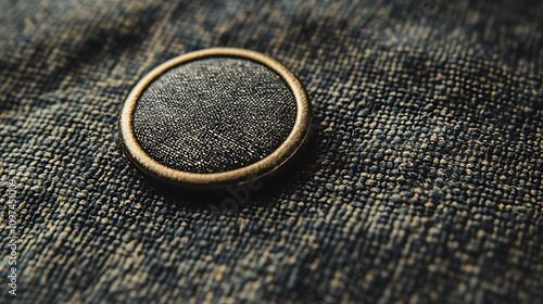 Gold Trimmed Button Rests On Dark Fabric photo