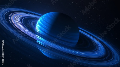 A vibrant depiction of a blue planet with rings set against a starry background.