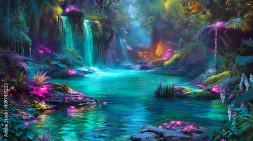 Mystical lagoon: hidden waterways, ethereal lighting, fantastical creatures, enchanting, ethereal, blue, green, luminescent. Hidden Lagoon Sanctuary. Illustration