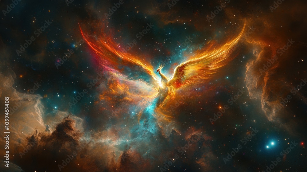 Fototapeta premium Fiery Phoenix Soaring Through a Cosmic Nebula Mystical Fantasy Artwork of a Rebirth Symbol in Space
