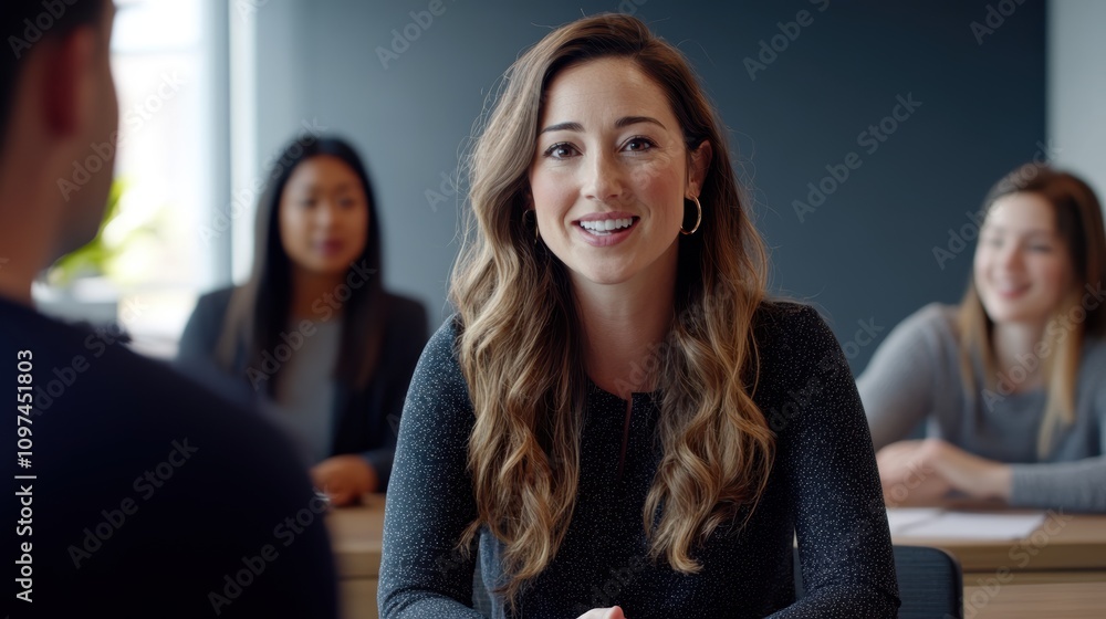 Young Businesswoman Smiling During Professional Meeting in Office Young Businesswoman Smiling During Professional Meeting in Office