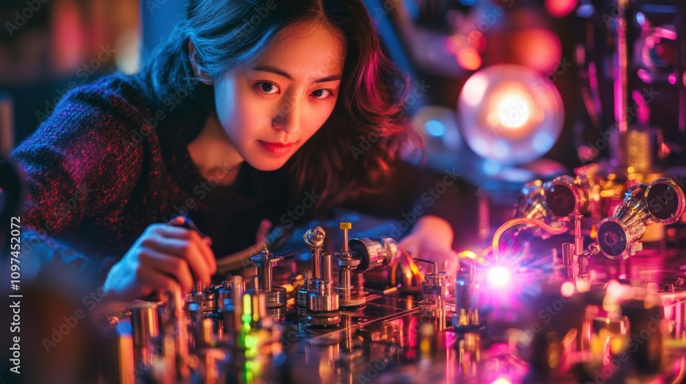 Focused Woman Working with Complex Scientific Instruments at Night Focused Woman Working with Complex Scientific Instruments at Night