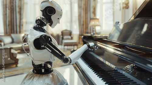 Close-up of an AI Robot in a Housemaid Dress Polishing a Grand Piano in a Modern Living Room, Futuristic Home Cleaning Technology photo