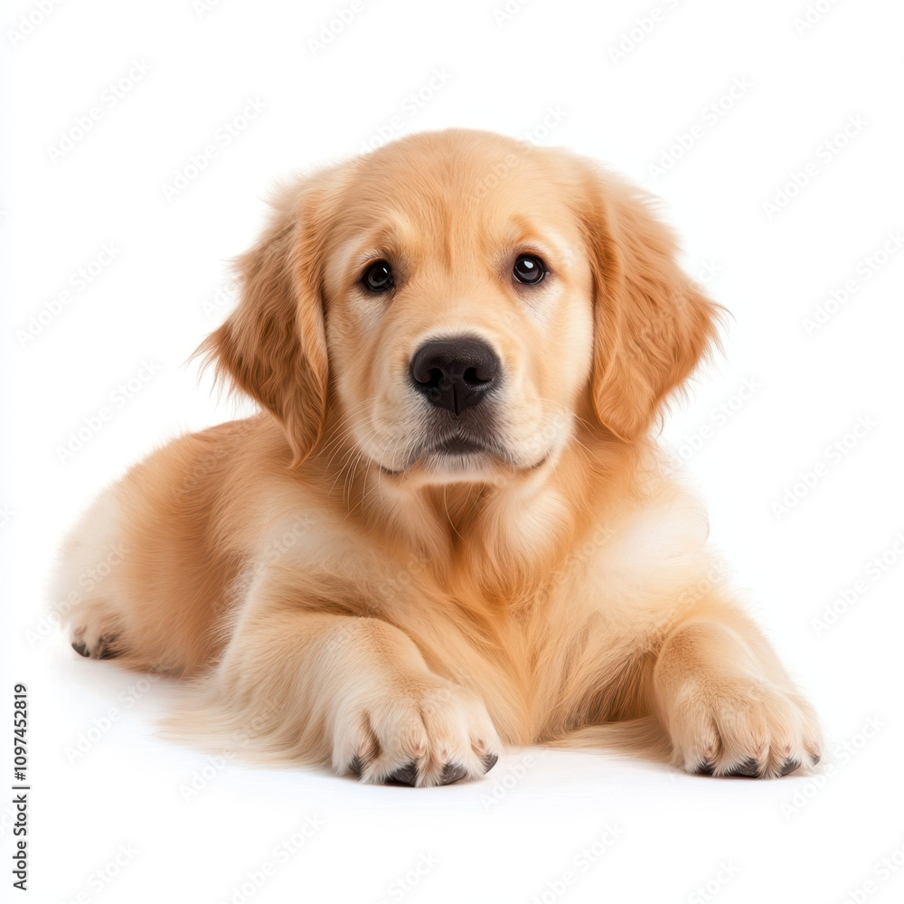 Fluffy golden retriever puppy lying on white background, exuding warmth and playfulness. This adorable pup captures hearts with its gentle expression and soft fur Fluffy golden retriever puppy lying on white background, exuding warmth and playfulness. This adorable pup captures hearts with its gentle expression and soft fur