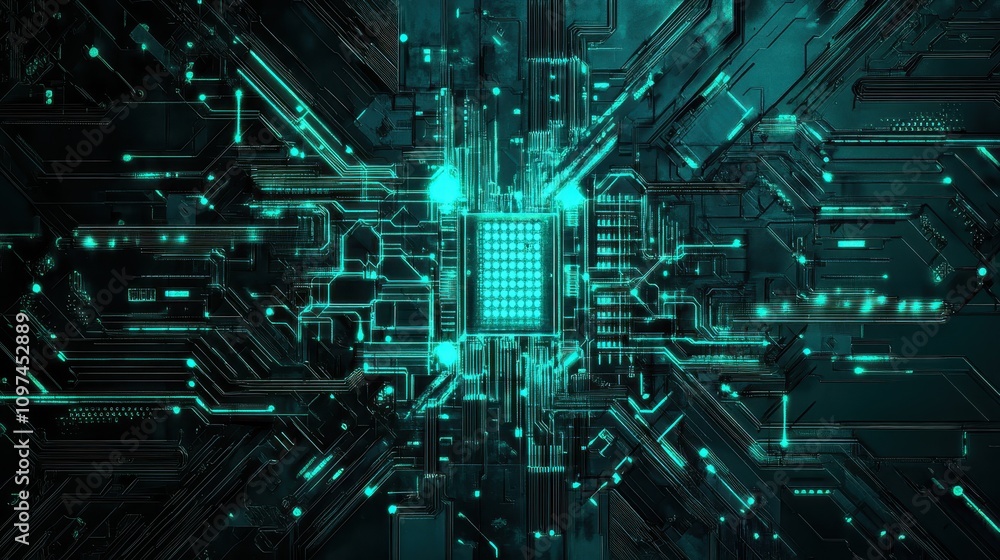 Futuristic Teal and Black Circuit Board Texture Abstract Technology Background with Glowing Lines and Central Processor Futuristic Teal and Black Circuit Board Texture Abstract Technology Background with Glowing Lines and Central Processor