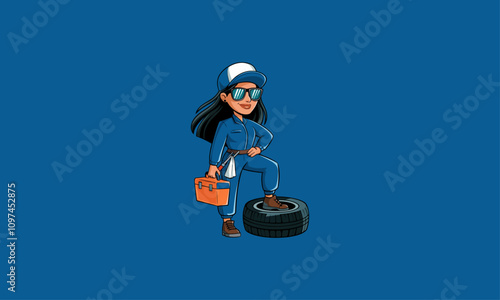 Confident female mechanic holding toolbox and standing on tire.