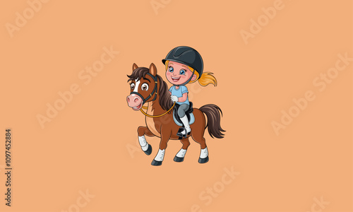 Happy girl riding a pony wearing a helmet and gloves.