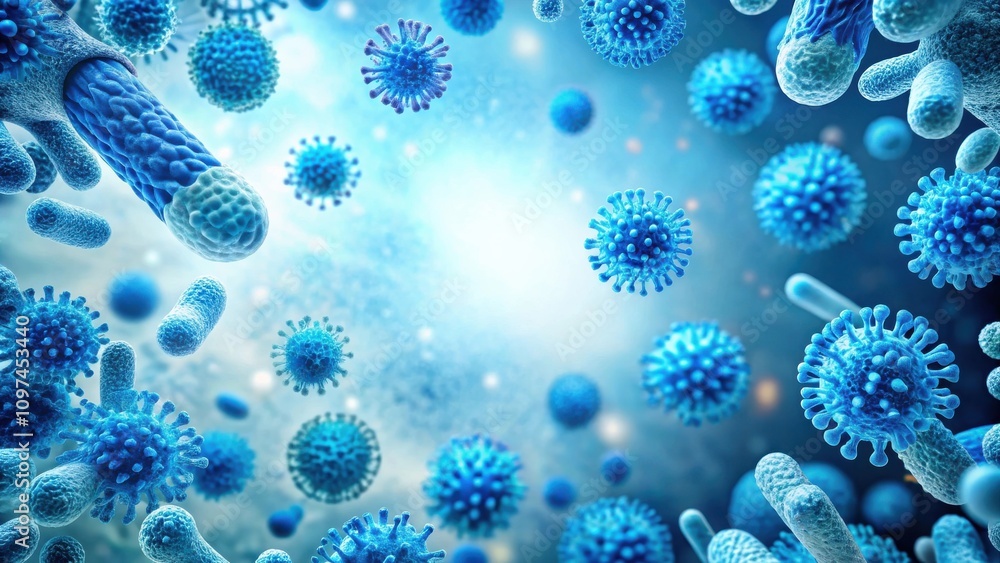 Microscopic view of various pathogens, including viruses and bacteria, floating in a translucent blue medium. Microscopic view of various pathogens, including viruses and bacteria, floating in a translucent blue medium.