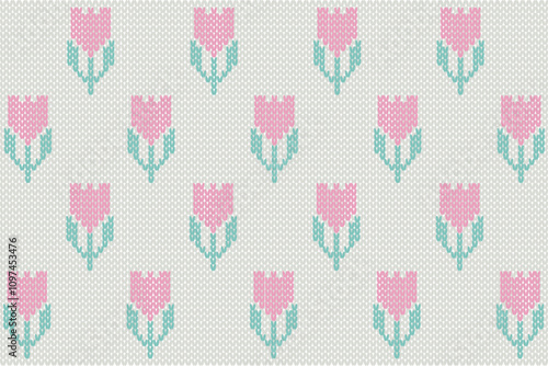 Knitting vector illustration. Knitting flower pattern. Seamless cute tulip pattern. Winter fabric pattern. Pastel background.