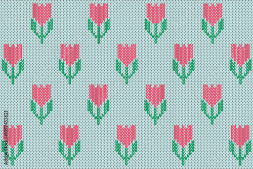 Knitting vector illustration. Floral knitting pattern. Cute tulips seamless pattern. Winter fabric pattern. Pastel background.
