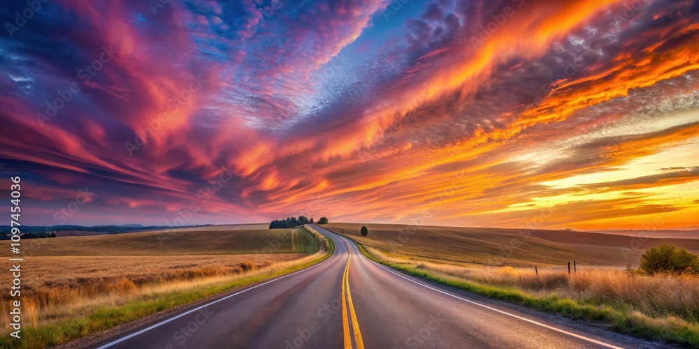 Naklejka premium Serene Asphalt Road Winding Through Golden Fields Under a Vibrant Sunset Sky