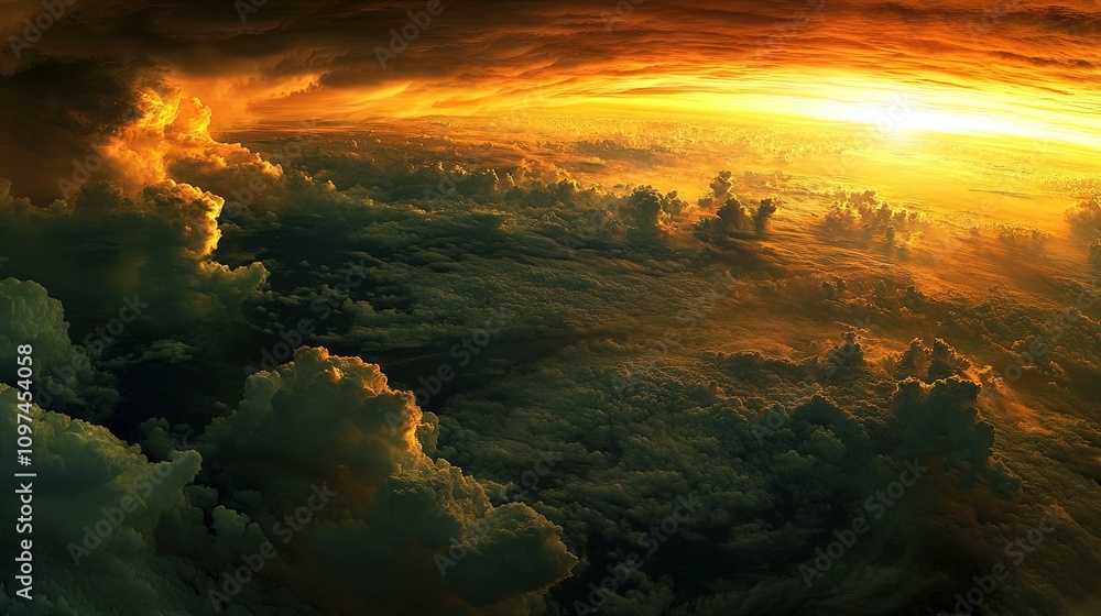 Fototapeta premium Fiery sunset over a sea of dramatic clouds.