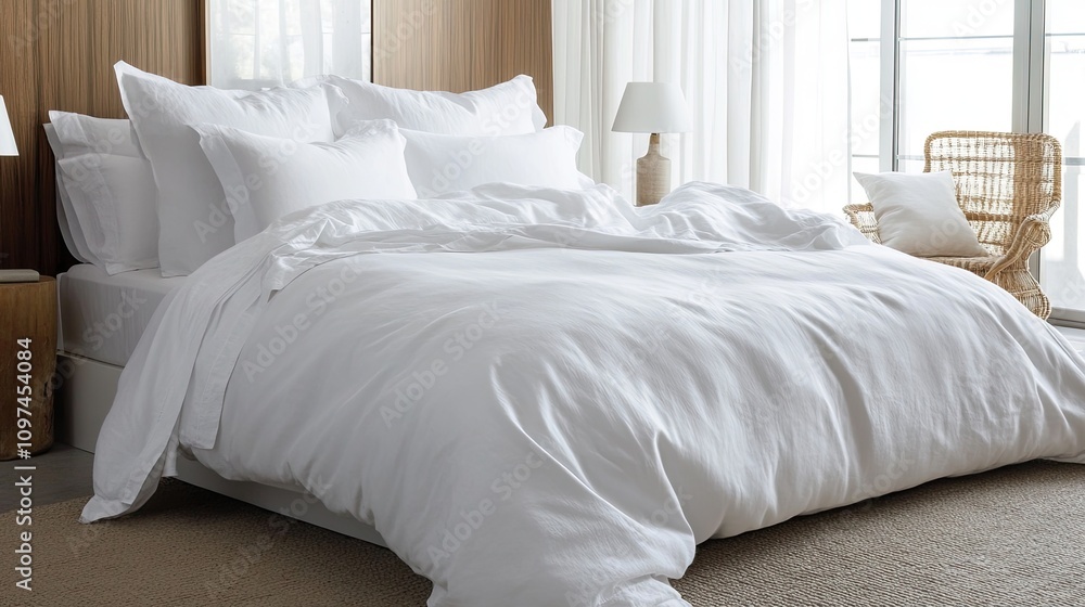 White linen bedding adorns a modern bedroom White linen bedding adorns a modern bedroom