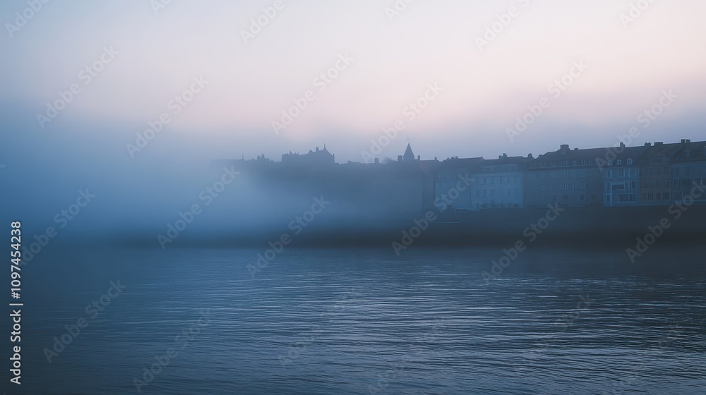 Enigmatic Fog-Shrouded Cityscape at Dawn Serene River and Historic Buildings in Misty Atmosphere Enigmatic Fog-Shrouded Cityscape at Dawn Serene River and Historic Buildings in Misty Atmosphere
