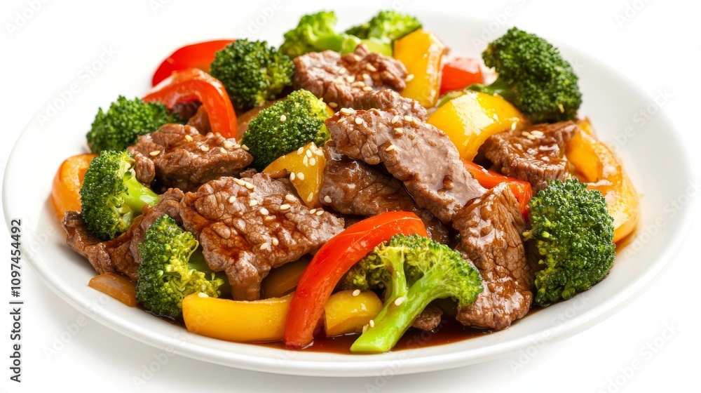 A mouthwatering plate of beef teriyaki stir-fry with tender slices of beef, broccoli florets, and bell peppers A mouthwatering plate of beef teriyaki stir-fry with tender slices of beef, broccoli florets, and bell peppers