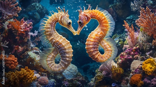 Loving Seahorses in a Vibrant Coral Reef Habitat. AI Generated