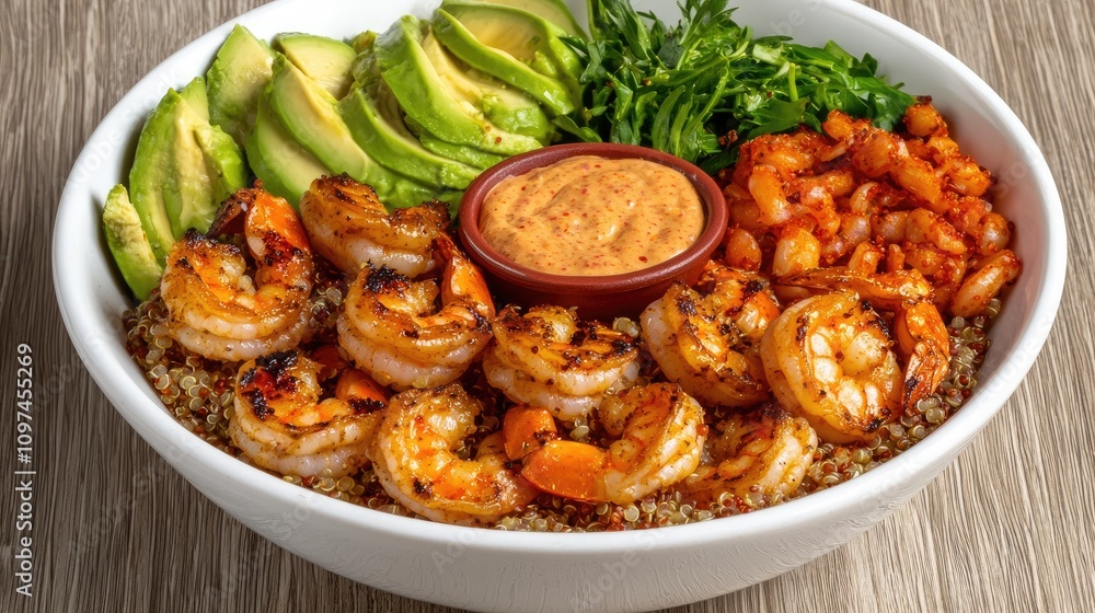 A colorful bowl featuring grilled shrimp, avocado slices, beans, and greens, served with a dipping sauce over a bed of grains. A colorful bowl featuring grilled shrimp, avocado slices, beans, and greens, served with a dipping sauce over a bed of grains.