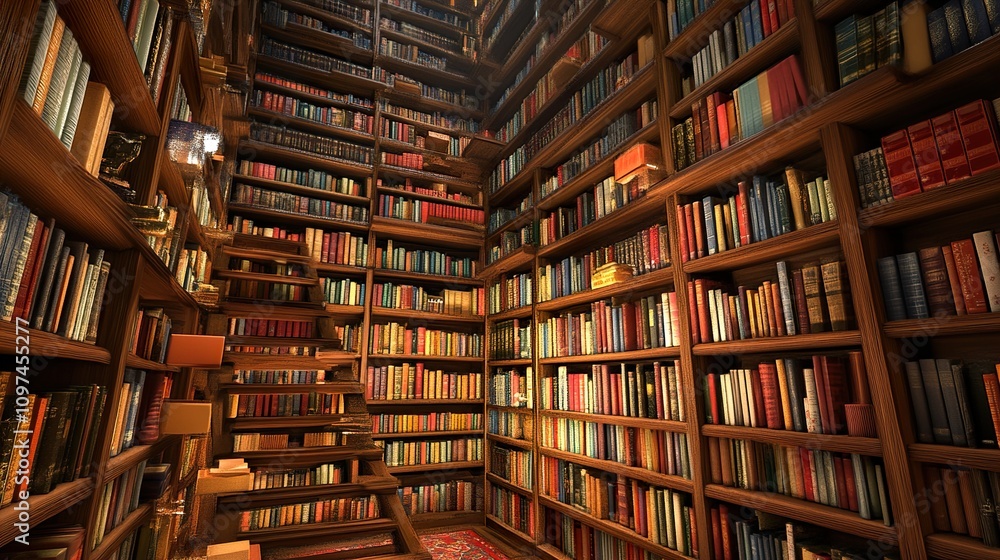 A Grand Library with Wooden Bookshelves and an Extensive Collection of Vintage Books A Grand Library with Wooden Bookshelves and an Extensive Collection of Vintage Books